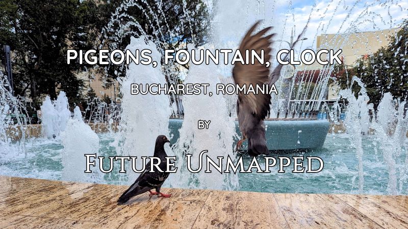 Relaxed pigeon - cooled by multi-jetted, bubbling, mist-forming fountain - braced for disruption from fellow flyer hurried by time on nearby street clock.