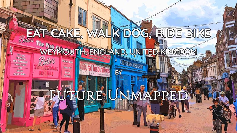 Amblers, idlers, and riders share pedestrianized area - near bay esplanade of seaside town - tempted by eateries, hoping to avoid birds scoping space below.