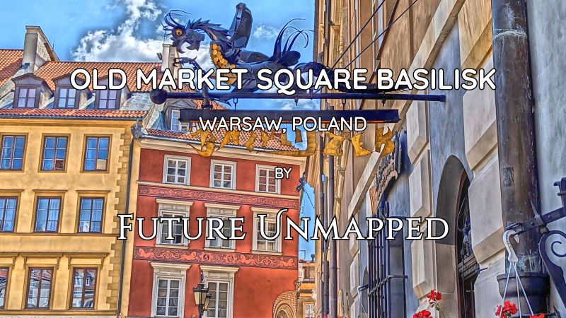 Iconic dragon blade sign mounted above tightly-packed old town market square restaurant, facing red-roofed buildings and multiple dormer windows.