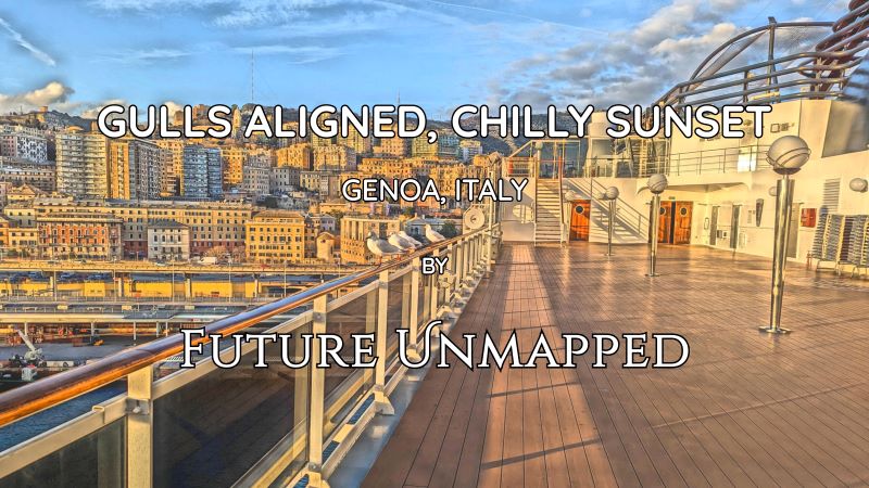 Four gulls recharge while calculating next scavenging strategy - resting on promenade railing - as cruise ship nears departure from major Mediterranean seaport.