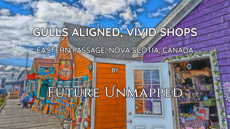 Row of brightly-hued, shack-like shops open for business - along boardwalk in small fishing village - with gulls ready to augment halloween and coastal decor.