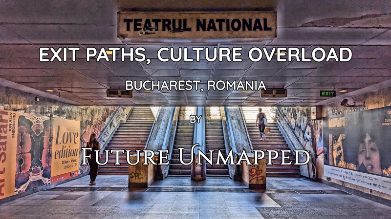 Two strangers - in gritty, urban, energetic, ad-laden underpass pedestrian zone - take separate staircases leading to street level of major city roundabout.