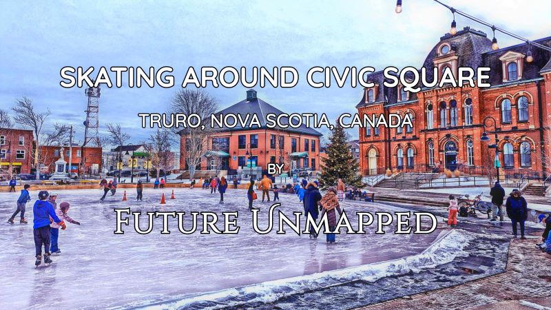 Mixed-aged skaters and watchers circle converted oval - outside library in provincial hub town - curious about usage of lone bicycle in icy conditions.