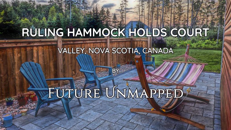 Wood-framed, freestanding hammock dominates neatly-paved, stone-interlocked patio area - in quiet suburban sideyard - with adirondack chairs backing onto wooden fence.